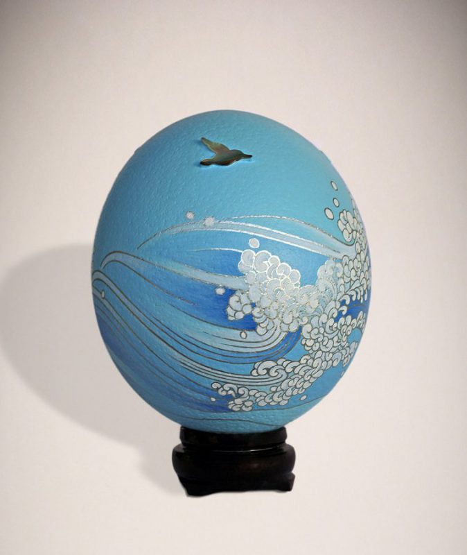 Ostrich egg for decoration, acrylics, mother-of-pearl