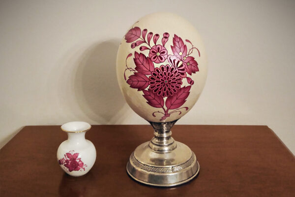 ostrich painted egg on silver stand