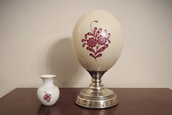 ostrich painted egg on silver stand