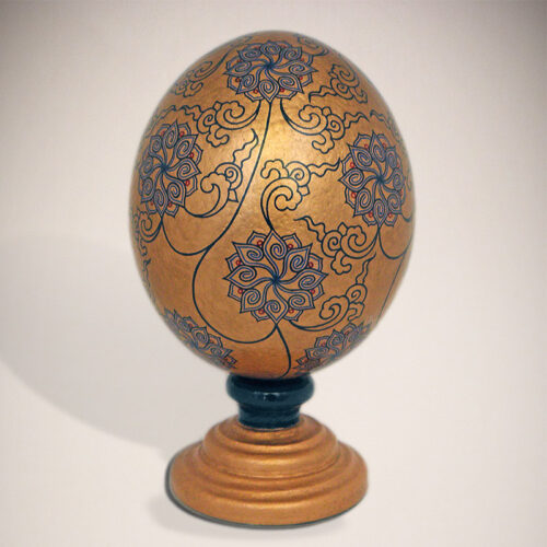 Ostrich eggshell, hand-painted with acrylics and copper pigments