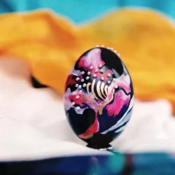 hen eggshell, watercolor, hematite beads, seed pearls